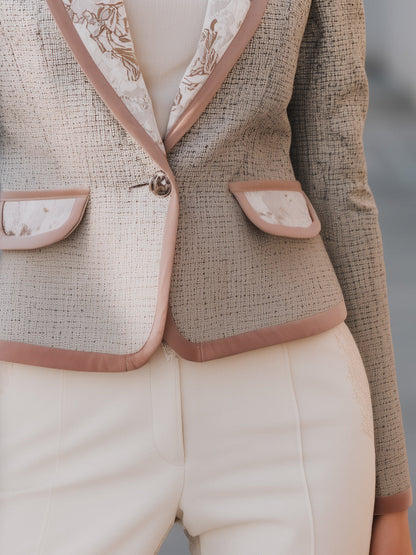 Printed Lapel Blazer With Velvet Trim