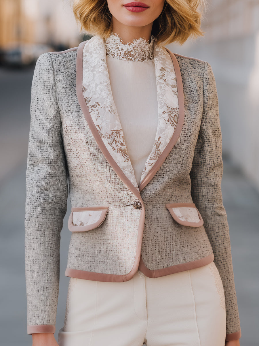 Printed Lapel Blazer With Velvet Trim