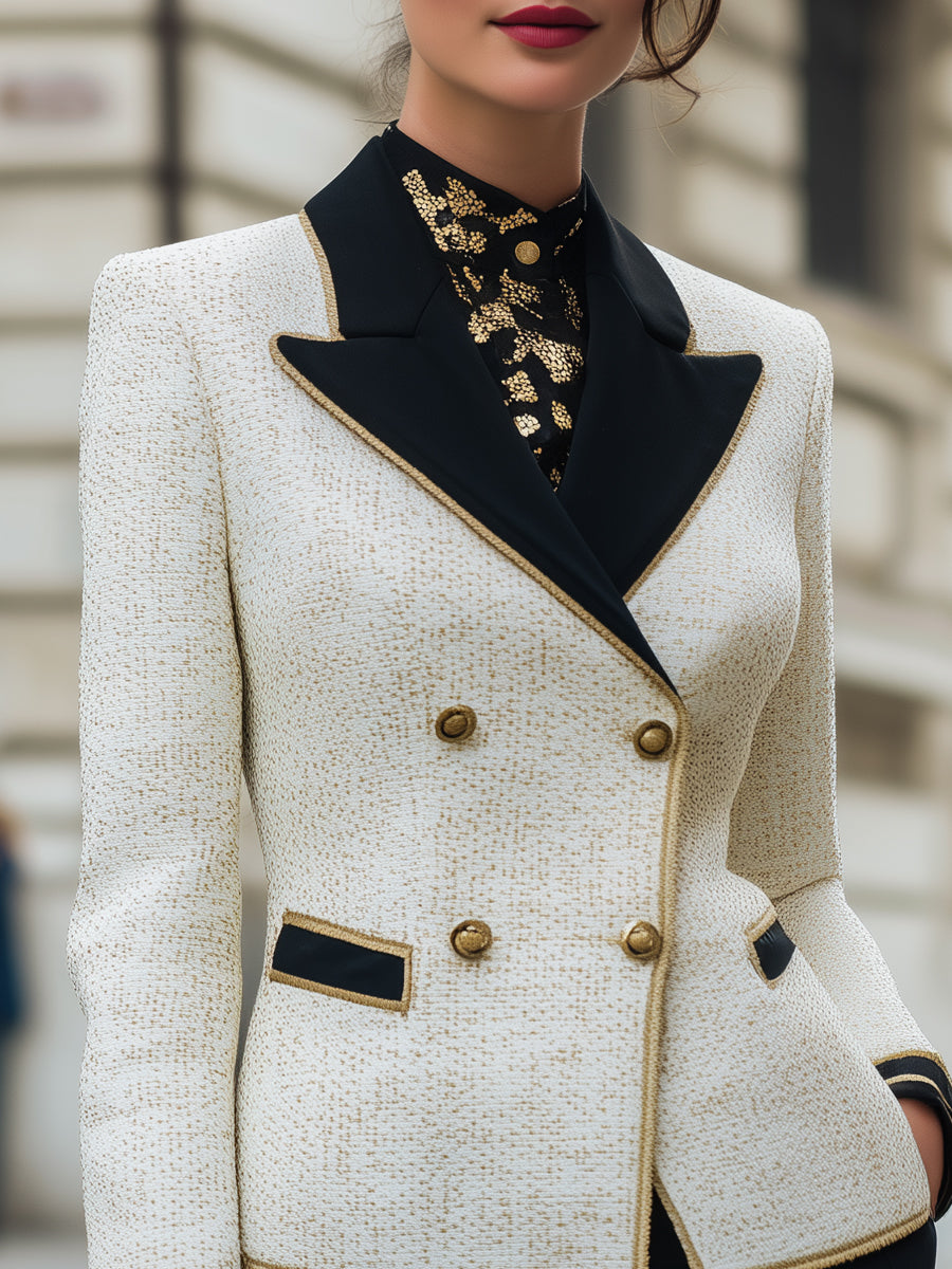 Contrast Lapel Tweed Blazer With Piped Trim