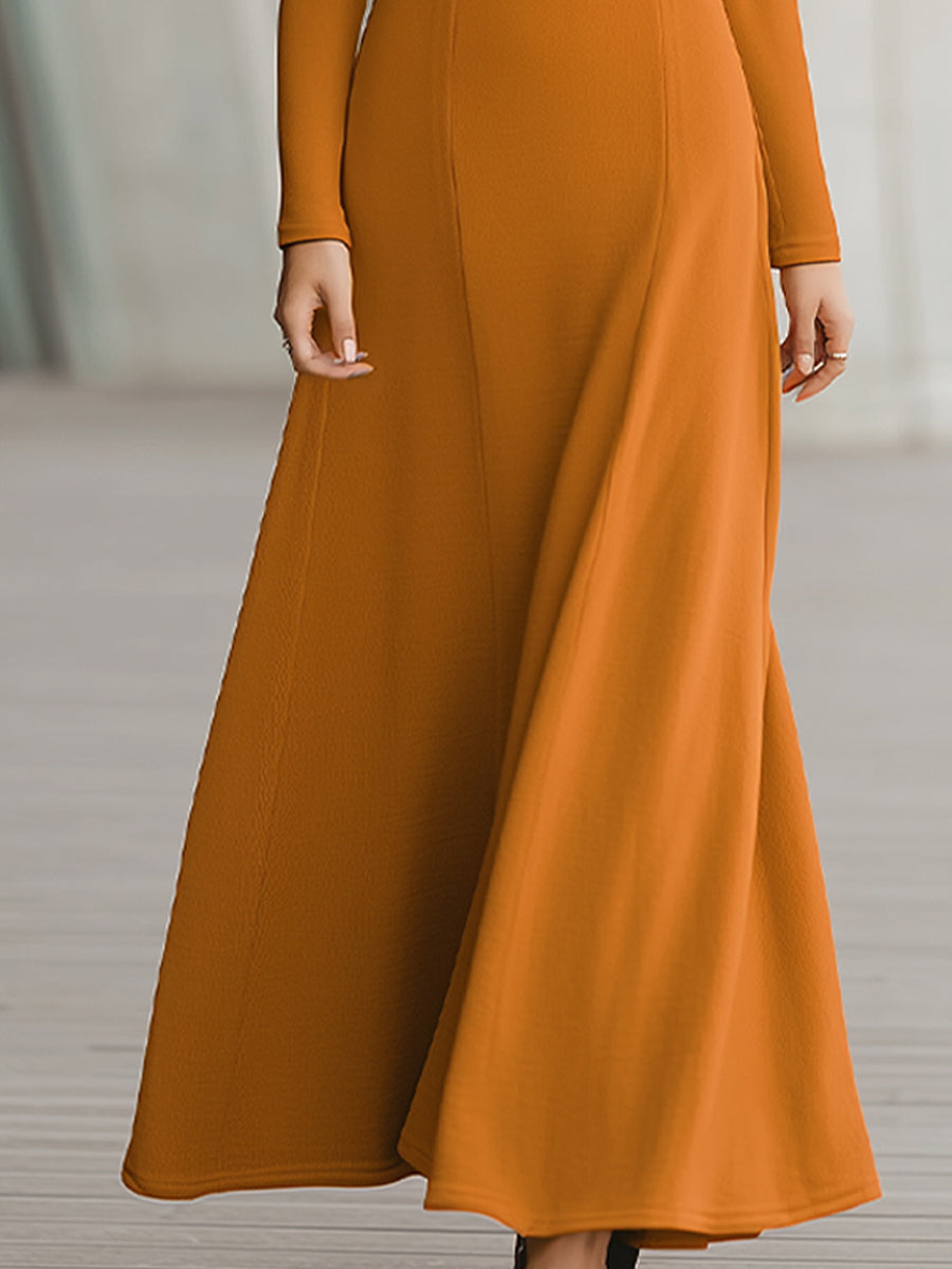 Elegant Orange Long Sleeve A-Line Maxi Dress With Button Detail