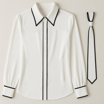 Chic Contrast Trim Tie-Neck Blouse