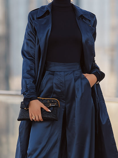 Navy Satin Trench Coat And Wide-Leg Trousers Set