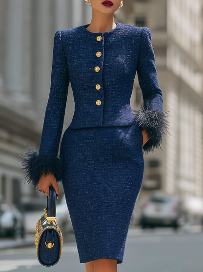 Glamorous Feather - Trimmed Tweed Skirt Suit