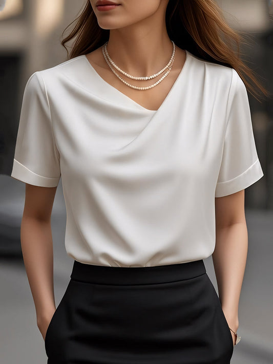 Elegant Plain Short-Sleeve Blouse with Draped Neckline