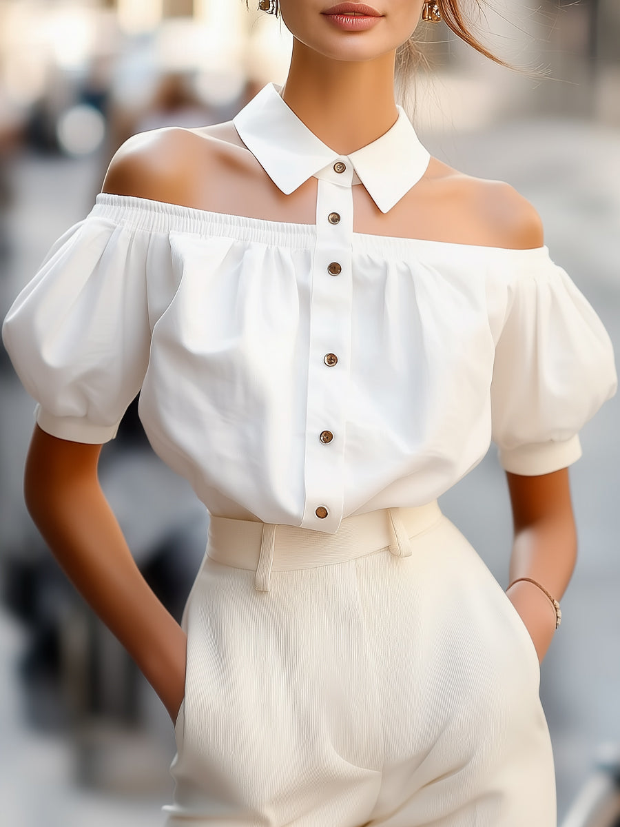 Chic Off-Shoulder Button-Up Blouse with Statement Collar