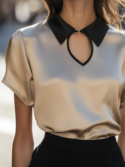 Contrast Collar Satin Keyhole Blouse
