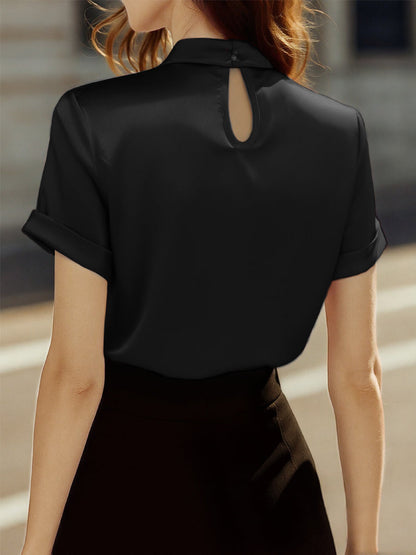 Sophisticated White Satin Blouse with Modern Keyhole Neckline