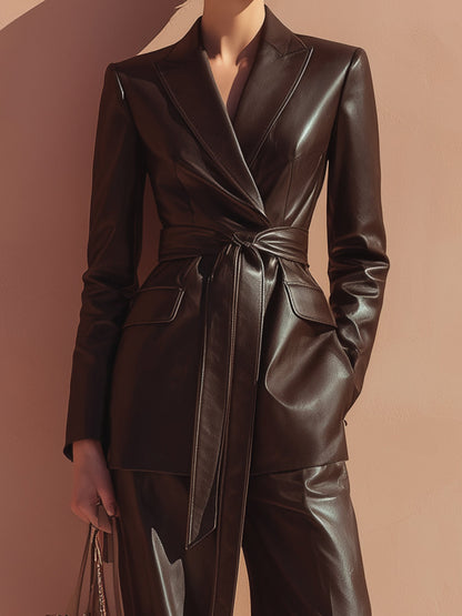 Chocolate Leather Belted Suit