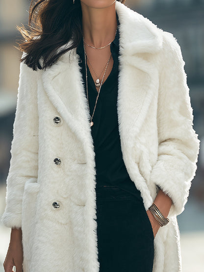Stylish White Faux Fur Double-Breasted Coat