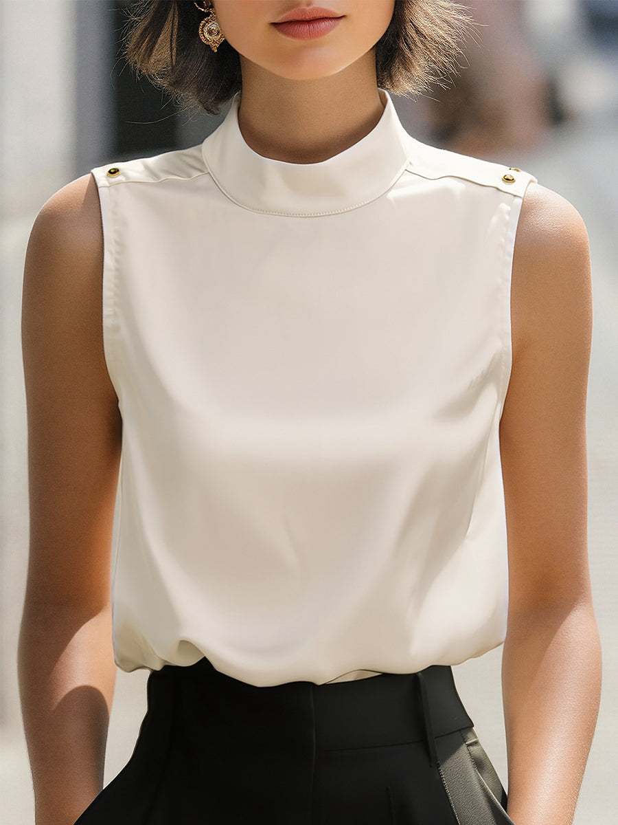 Elegant Ivory High-Neck Sleeveless Satin Blouse