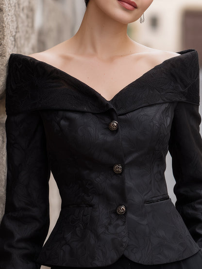 Off-Shoulder Neckline Jacquard Blazer