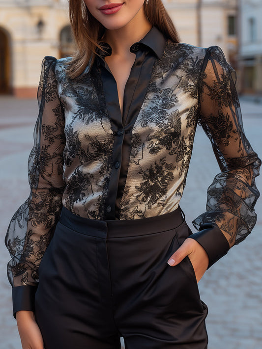 Lace Blouse With Satin Lining And Sheer Sleeves