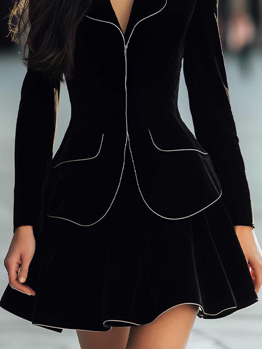 Elegant Velvet Blazer Mini Set With Contrast Piping