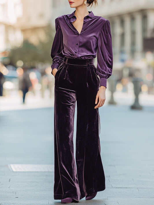 Plum Velvet Shirt And Wide-Leg Trousers Set
