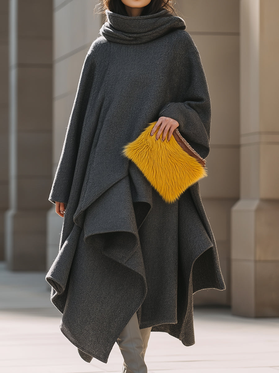 Charcoal Wool Drape Coat With Flowing Hemline