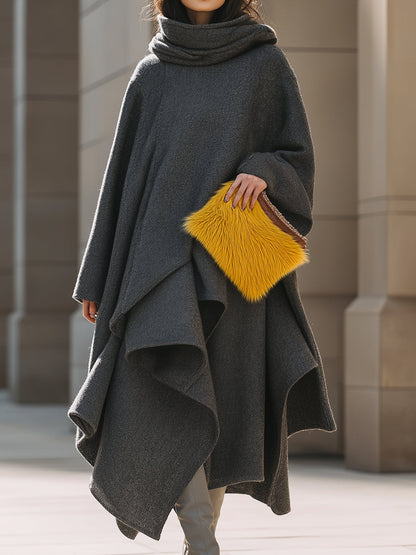 Charcoal Wool Drape Coat With Flowing Hemline