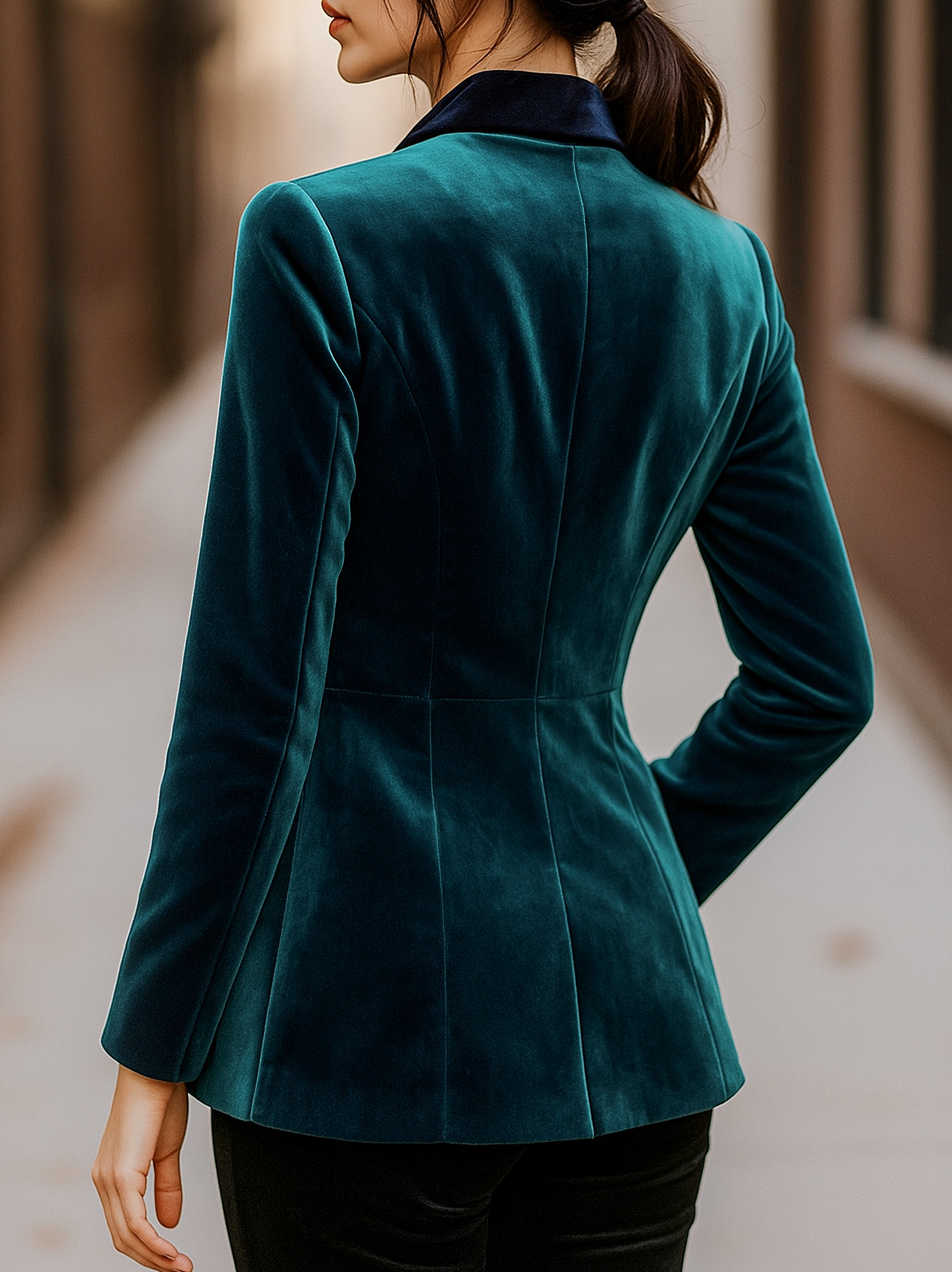 Emerald Velvet Blazer with Satin Lapels and Rose Embroidery