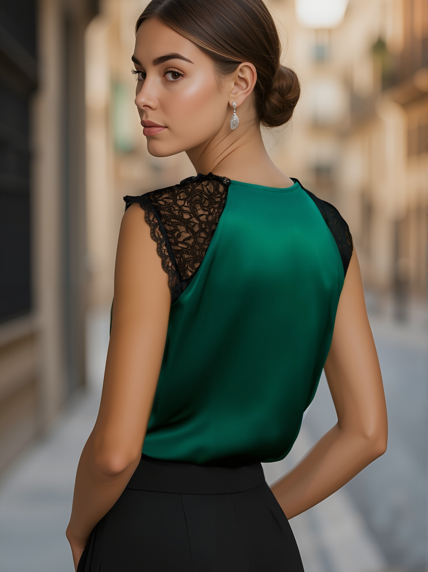 Deep V-Neck Satin Blouse with Lace Details - Emerald Allure