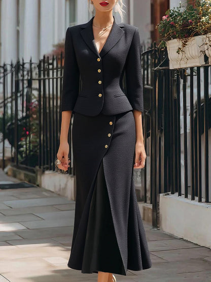 Elegant Textured Buttoned Blazer & Midi Skirt Set