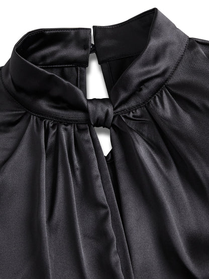 Sophisticated White Satin Blouse with Modern Keyhole Neckline