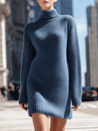 Blue Turtleneck Knit Sweater Dress