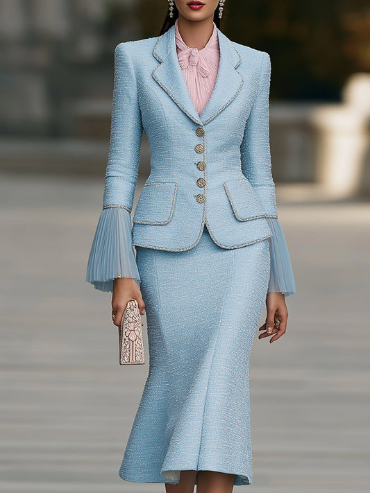 Elegant Powder Blue Tweed Skirt Suit Set