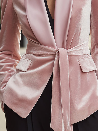 Blush Velvet Belted Blazer With Satin Lapel