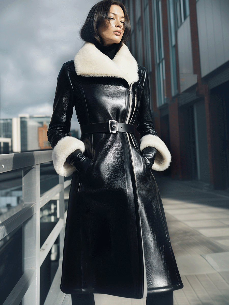 Black Belted Coat With Shearling Collar