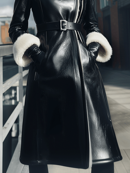 Black Belted Coat With Shearling Collar