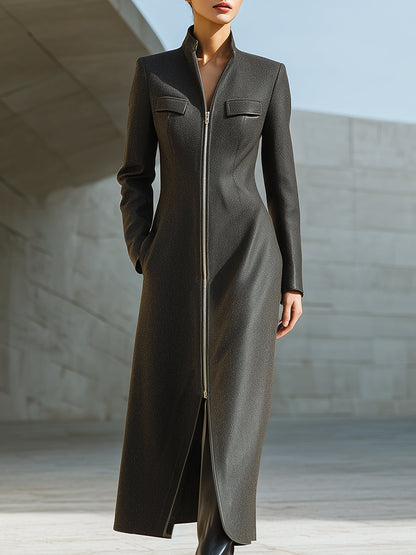 Black Zip-Front Tailored Coat