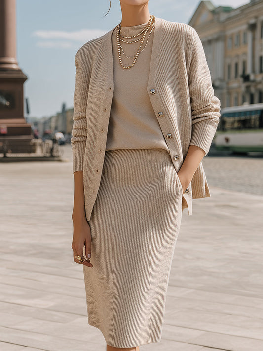Beige Ribbed Knit Three-Piece Set With Cardigan, Top, And Skirt