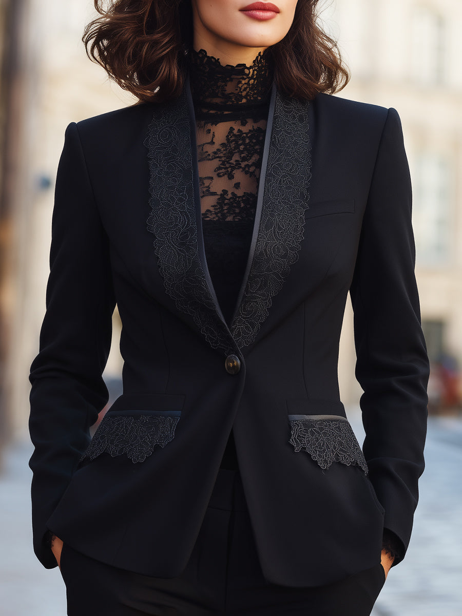 Structured Lace-Trim Tailored Blazer