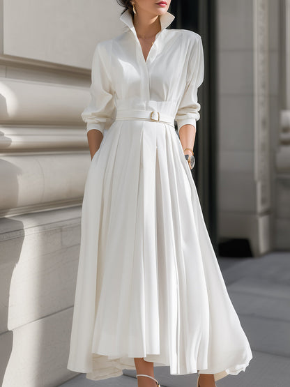 Elegant Plain Belted Shirt Dress With Pleated Skirt