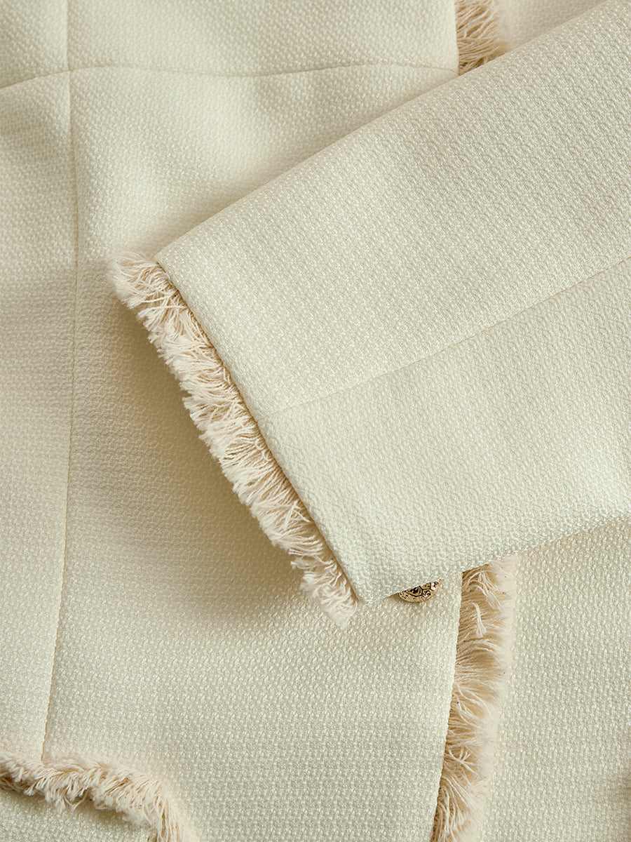 Elegant Cream Textured Blazer With Decorative Trim