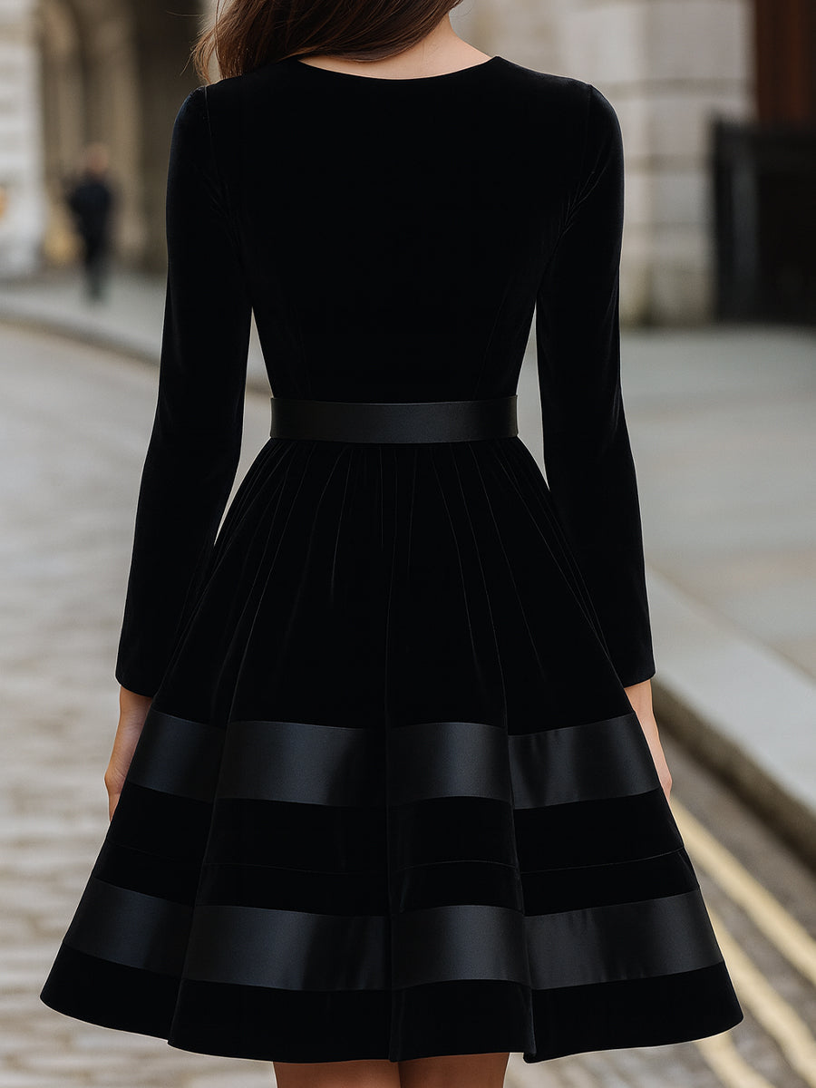 Black Velvet Fit-and-Flare Dress With Satin Stripes