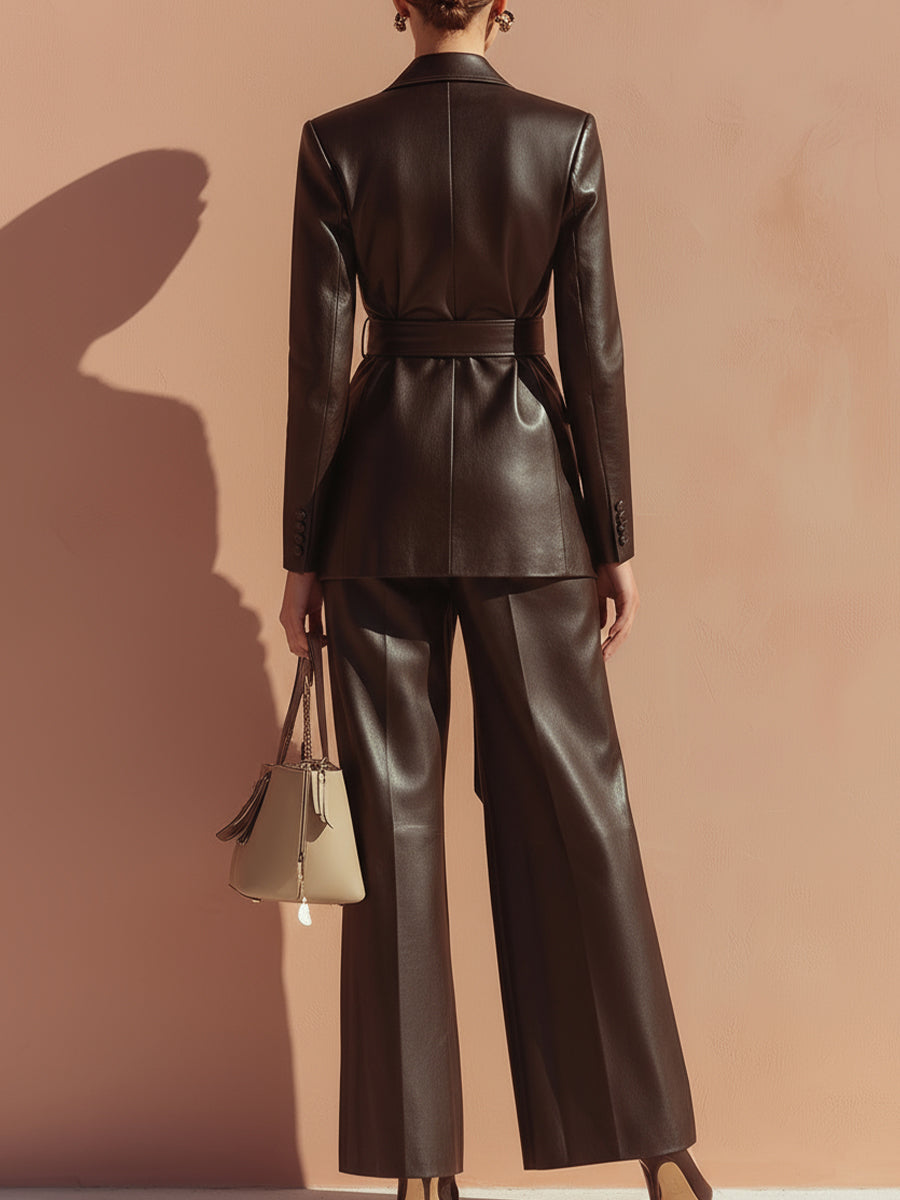 Chocolate Leather Belted Suit