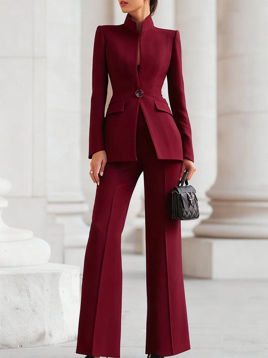 Natalie Sophisticated  High-Collar Blazer & Wide-Leg Trousers Set