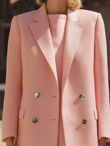 Blush Pink Double-Breasted Long Blazer