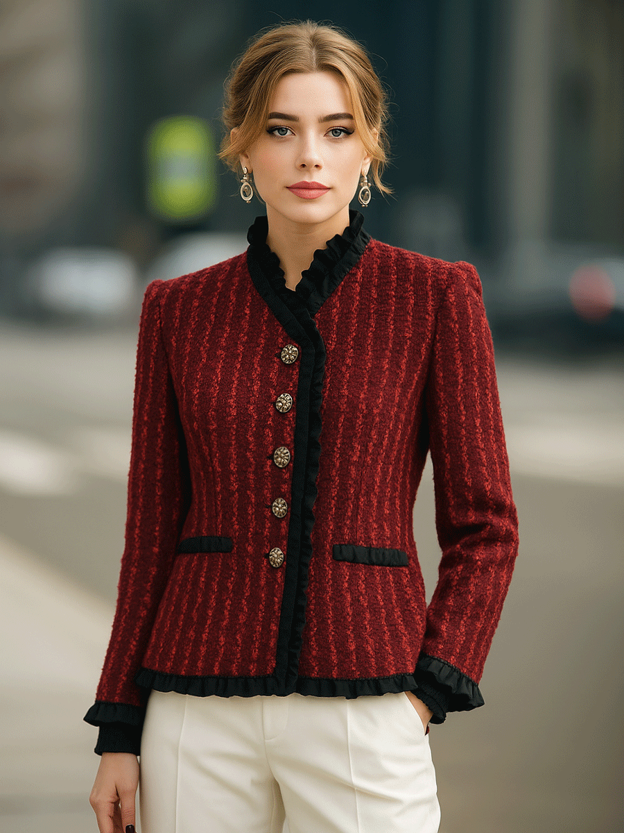 Red Textured Tweed Jacket With Black Ruffle Trim