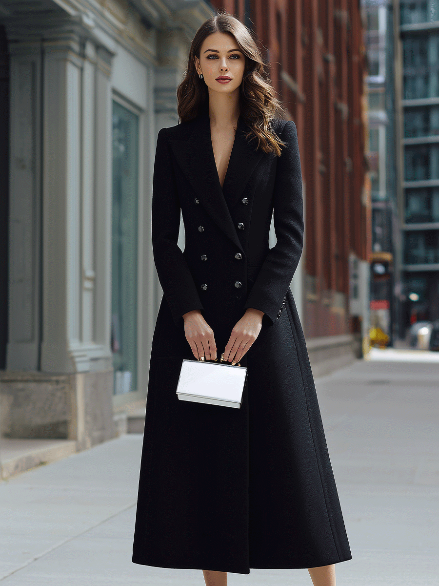 Black Double-Breasted Long Coat Dress