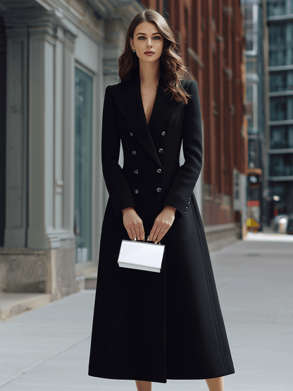 Black Double-Breasted Long Coat Dress