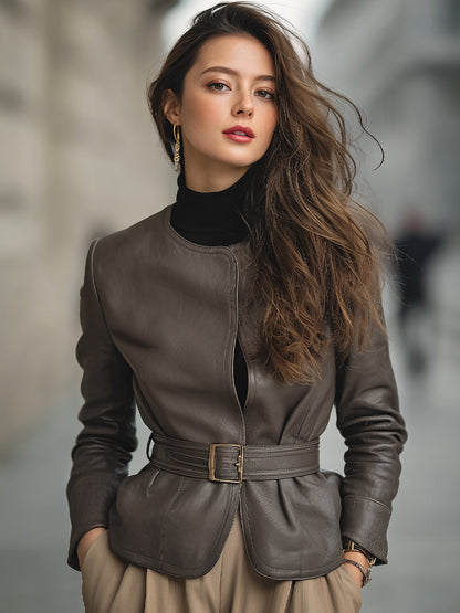 Mooyius Belted Leather Jacket With Minimalist Cut