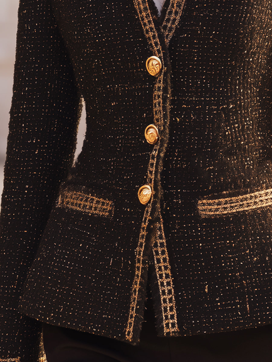 Black Gold-Lattice Tweed Blazer With Stand Collar