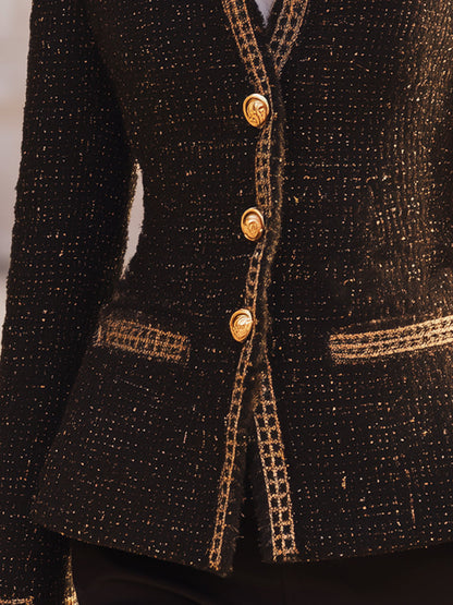 Black Gold-Lattice Tweed Blazer With Stand Collar