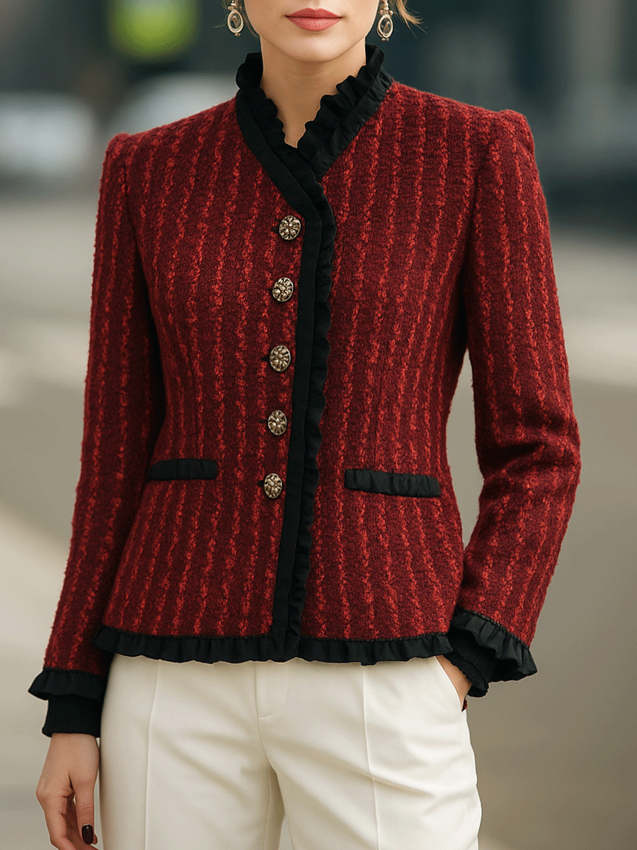 Red Textured Tweed Jacket With Black Ruffle Trim