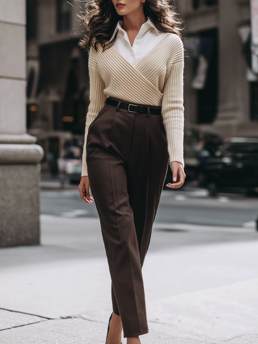 Cream Wrap Sweater With Tailored Brown Trousers
