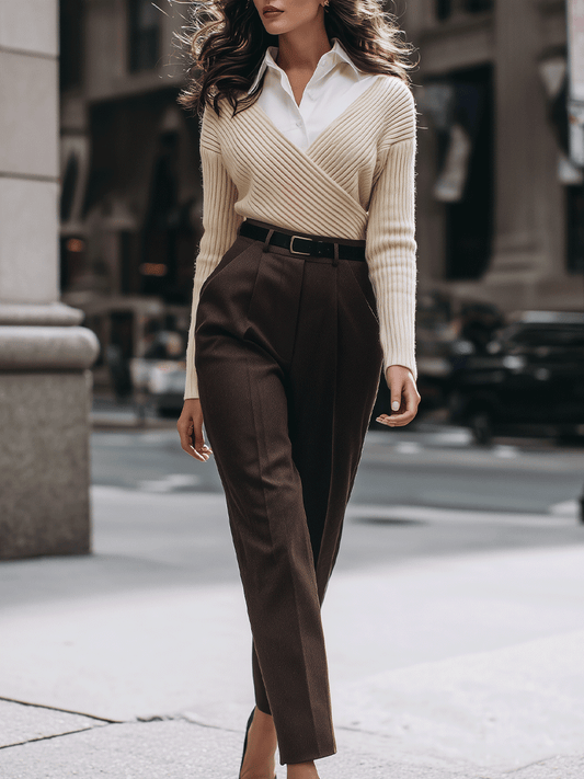Cream Wrap Sweater With Tailored Brown Trousers