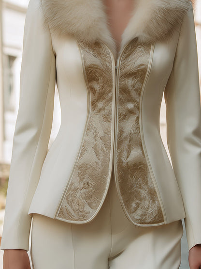 Jacquard Panel Blazer With Detachable Faux-Fur Collar