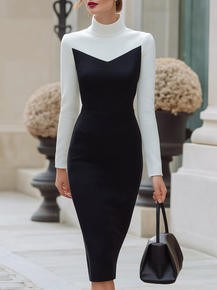 Classic Tailored High-Neck Contrast Midi Dress