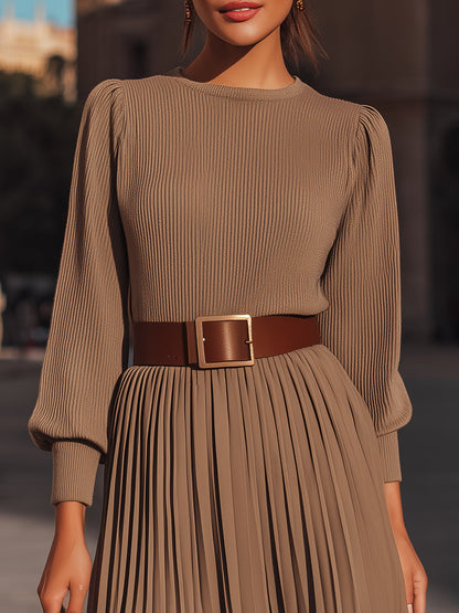 Ribbed Knit Dress With Pleated Skirt And Belt